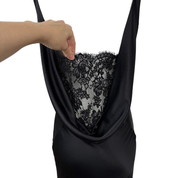 LES HABITUDES 2016 Black Liquid Silk Cowl Evening Gown Lace Maxi Dress - Picture 7 of 9